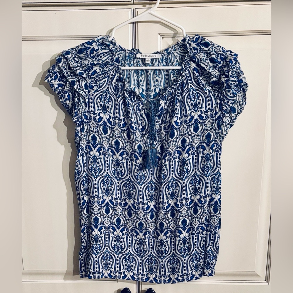 Rose + Olive Blue and White Floral/Paisley Boho Style Top.